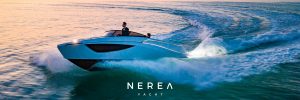 Nerea NY24 open motoryacht cruising at full speed with James Bond inspired captain wearing a tuxedo